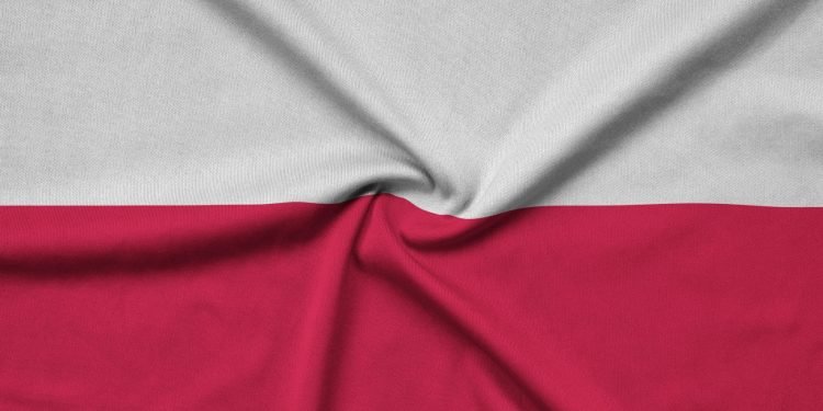 Poland flag  is depicted on a sports cloth fabric with many folds. Sport team waving banner