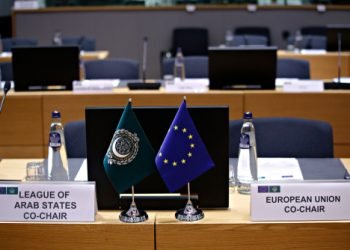 Brussels, Belgium. 4th Feb. 2019. Flags of EU and League of Arab States during the 5th EU-League of Arab States (LAS) Ministerial Meeting.