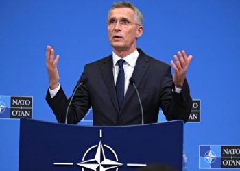 Brussels, Belgium. 27th June 2019. Secretary General Jens Stoltenberg gives a press conference on the results of the Nato Foreign ministers meeting at NATO headquarters.