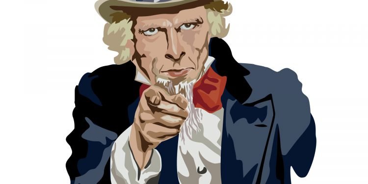 Portrait of Uncle Sam, historical character and famous symbol of the United States. He addresses himself to the American citizen so that he serves his homeland, pointing at him with an authoritarian a