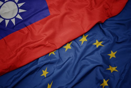 Waving colorful flag of European union and flag of Taiwan