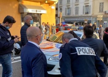 Member of French parliament Eric Ciotti visits the police station where, according to reports, a police official was injured after being stabbed with a knife, in Cannes, France, November 8, 2021. Twitter/ECiotti/via REUTERS