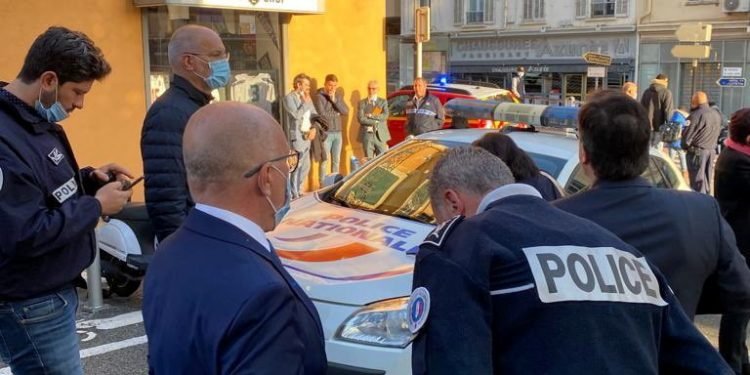 Member of French parliament Eric Ciotti visits the police station where, according to reports, a police official was injured after being stabbed with a knife, in Cannes, France, November 8, 2021. Twitter/ECiotti/via REUTERS