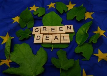 Some,Leaves,with,A,Wooden,Inscription,green,Deal,above,A,European,Flag.,Concept