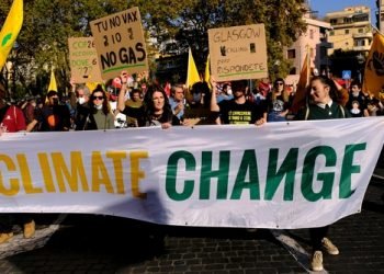 People demonstrate during the G20 summit in Rome, Italy on October 30, 2021.