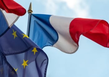 French,And,European,Union,Flags,Fluttering,Together,In,The,Wind.