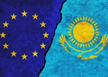 Eu,And,Kazakhstan,Painted,Flags,On,A,Wall,With,A