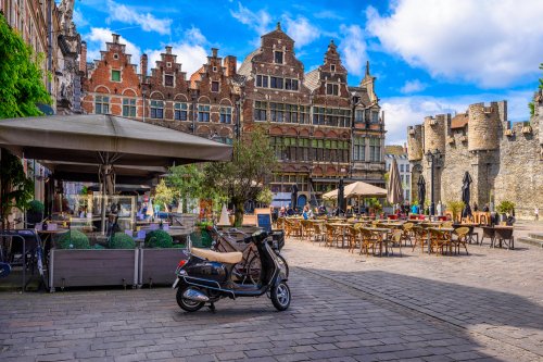 Old,Square,With,Tables,Of,Cafe,In,Ghent,(gent),,Belgium.