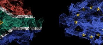 Flags of South Africa and EU on Black background, South Africa vs Europe Union Smoke Flags