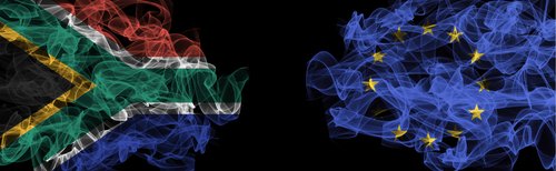 Flags of South Africa and EU on Black background, South Africa vs Europe Union Smoke Flags