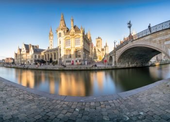 Ghent,Old,Town,Promenade,Panorama,In,Afternoon,Light.,Belgium,-