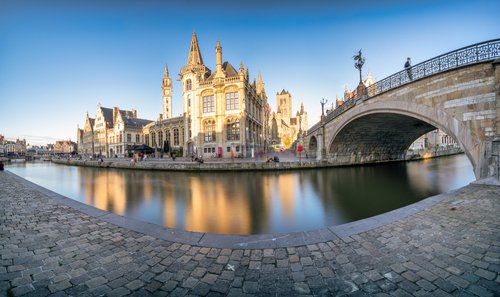 Ghent,Old,Town,Promenade,Panorama,In,Afternoon,Light.,Belgium,-