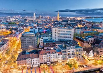 Antwerp,,Belgium.,Aerial,City,View,At,Night.