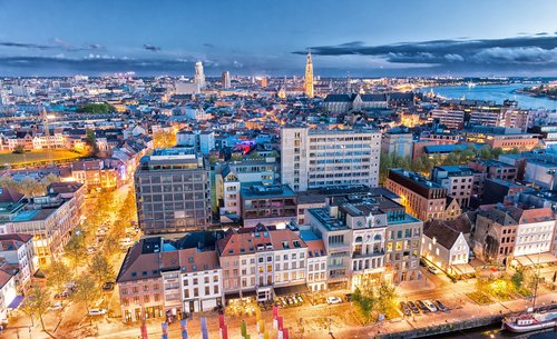 Antwerp,,Belgium.,Aerial,City,View,At,Night.
