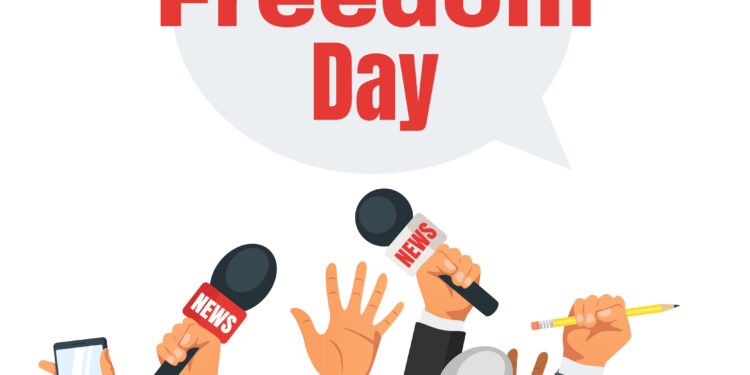 World press freedom day design with hands holding news microphones.