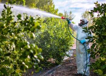 Farmer,In,Protective,Clothes,Spray,Pesticides.,Farm,Worker,Spray,Pesticide