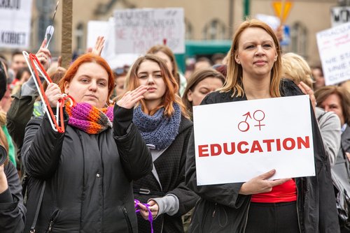 Poznan / Poland - 04.09.2016: Demonstration against total ban on abortion, Women protests in Poland. Black protest against restrictions on women’s rights.