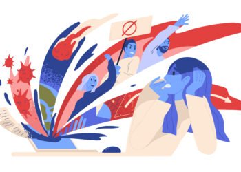 Woman suffering from panic attack after reading news online. Anxious posts in social media. Concept of fear of negative mass information in the internet. Vector illustration in flat cartoon style