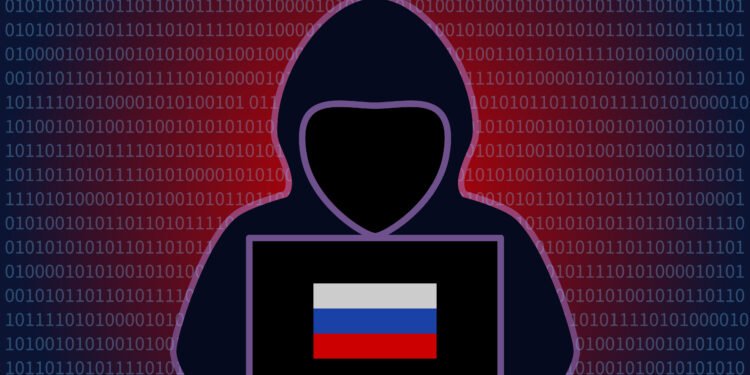 Mysterious hooded Russian hacker with Russian flag flat vector editorial illustration