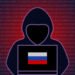 Mysterious hooded Russian hacker with Russian flag flat vector editorial illustration