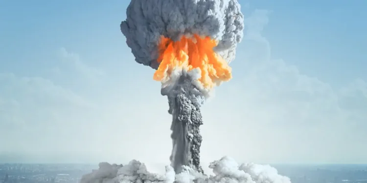 An illustration of a nuclear bomb exploding in a city