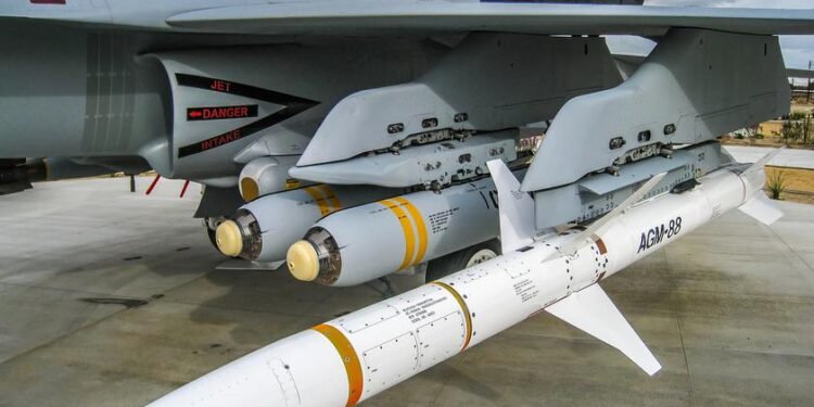 AGM-88 HARM missile loaded in fighter jet