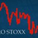 Europe - AUG 2019: The EURO STOXX, a stock market index of the Eurozone is falling. The red graph next to the silver EURO STOXX title on a blue background shows downwards.