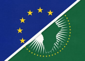 European Union or EU and African Union national flag from textile. Symbol of the assembly of the African continent.