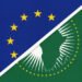 European Union or EU and African Union national flag from textile. Symbol of the assembly of the African continent.