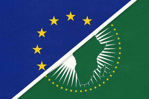 European Union or EU and African Union national flag from textile. Symbol of the assembly of the African continent.