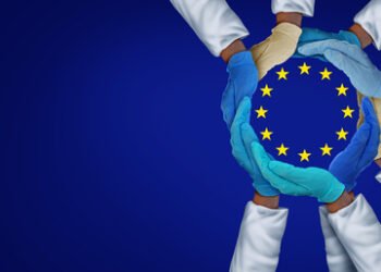 European United health workers and essential EU hospital care workers and frontline medical group or Europe medicine teamwork as a group of doctors and nurses together in a 3D illustration style.
