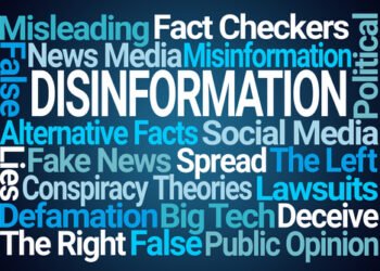 Disinformation Word Cloud on Blue Background