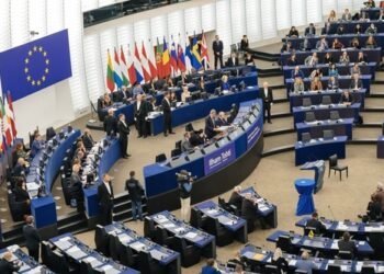 Strasbourg, France - Dec 18, 2019: Speech of European Parliament President David Sassoli during plenarry sesion Sakharov Prize: daughter of laureate Ilham Tohti receives prize on his behalf