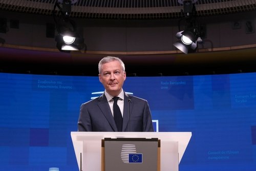 French Finance Minister, Bruno Le Maire and EU Commissioner Valdis Dombrovskis give a press conference at the end of european finance ministers meeting in Brussels, Belgium, 18 January 2022