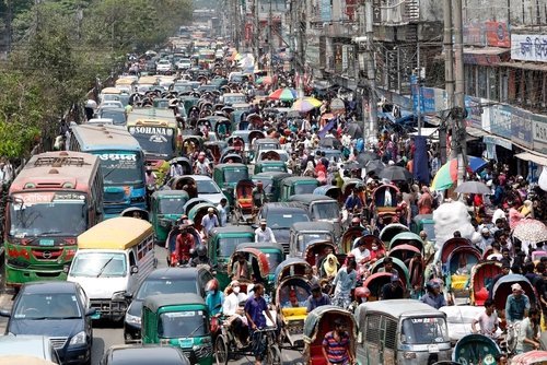 Dhaka, Bangladesh - March 08, 2022: Traffic jam in Mirpur road of Dhaka. Traffic jam is a regular sore day in and day out to the people of Bangladesh capital Dhaka.