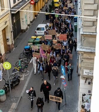 BUDAPEST, HUNGARY - OCTOBER 05 2022: Teachers strike marching in the street