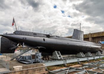 The Daphné class French submarine Flore at the Keroman Submarine Base, a WWII German U-boat facility, in Lorient, France