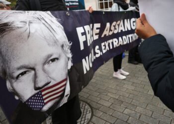 London/UK - October 26 2019: Supporters of Julian Assange have gathered outside the BBC studios in protest at his imprisonment in HMP Belmarsh. Assange is accused of espionage by USA.