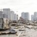 KYIV, UKRAINE - Mar. 29, 2022: War in Ukraine. Shopping center that was damaged by shelling on 21 March by a Russian attack in Kyiv, where according to emergency service, at least six people died