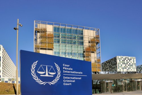 THE HAGUE, NETHERLANDS - FEBRUARY 14,2018: The International Criminal Court entrance sign at the ICC building