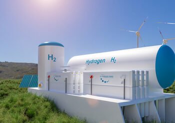 Hydrogen renewable energy production - hydrogen gas for clean electricity solar and windturbine facility. 3d rendering.