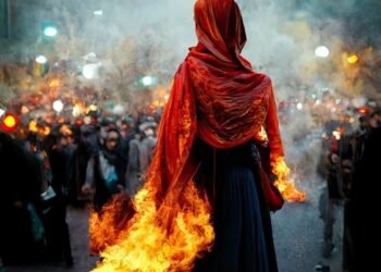 3d illustration sketch of an Iranian woman burning her hijab in protests against oppression of women