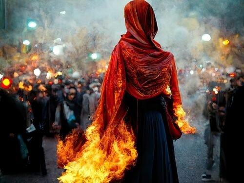 3d illustration sketch of an Iranian woman burning her hijab in protests against oppression of women