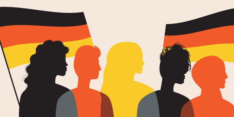Silhouettes of the Germans with the flag of Germany. Color vector stock illustration. People are citizens of Germany. The crowd is waving the flag. Concept of pride. Silhouette illustration
