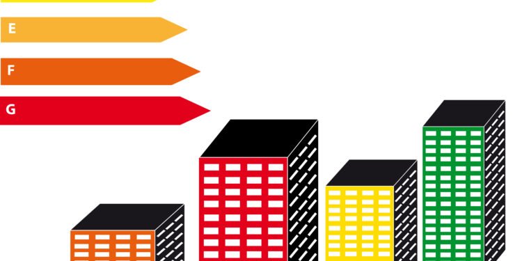 Energy labels with skyscrapers on white background. Vector illustration.