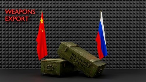 Delivery of weapons from Russia to China, package of military aid, flags China and Russia, 3D work and 3D image