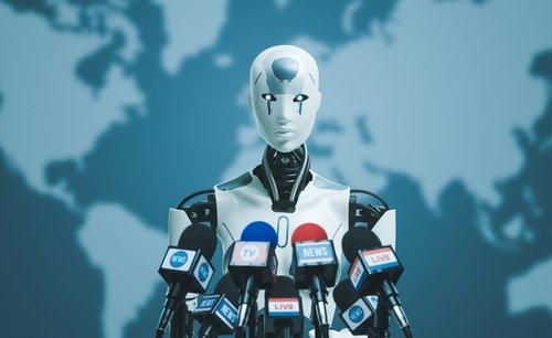 Android AI robot speaking at the international press conference: artificial intelligence, robotics and politics concept