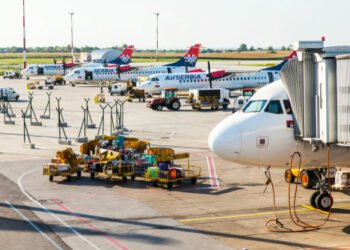 BELGRADE, SERBIA, August 10, 2019. Ground handling of the aircraft at Belgrade International Airport