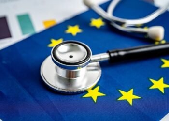 Black stethoscope on EU flag background, Business and finance concept.