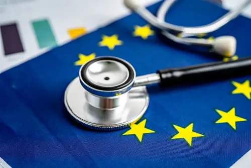 Black stethoscope on EU flag background, Business and finance concept.